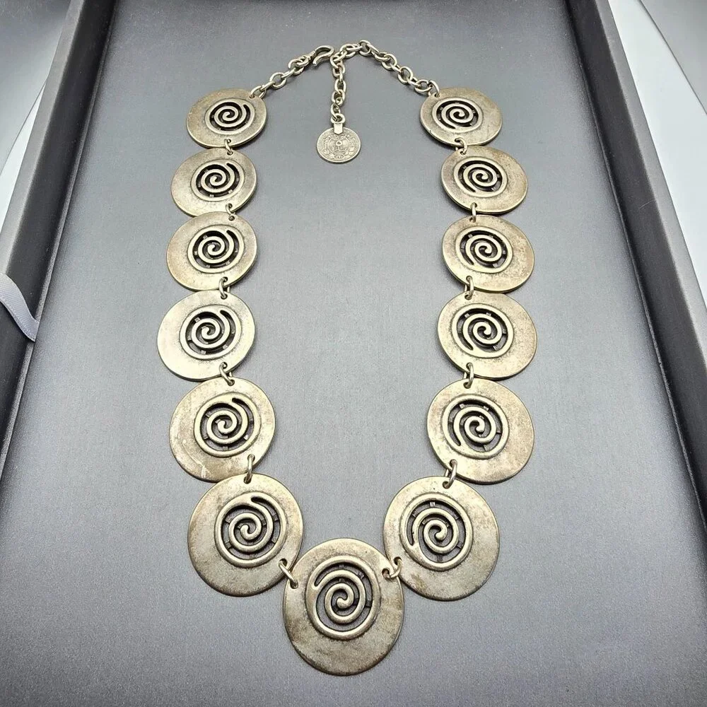 VTG Swirl Disc Medallion Statement Necklace 16" Antique Silver-Plate Adjustable - Picture 1 of 13
